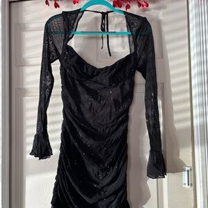 Black Ruched Mesh Bodycon Dress with Sheer Long Sleeves & Sparkle Detail